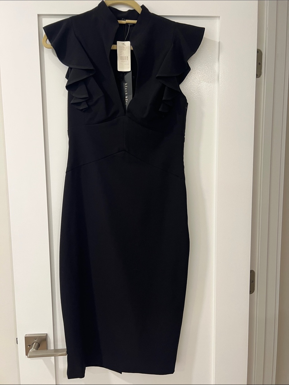 Black Halo Black Ruffle-Shoulder Midi Sheath Dress